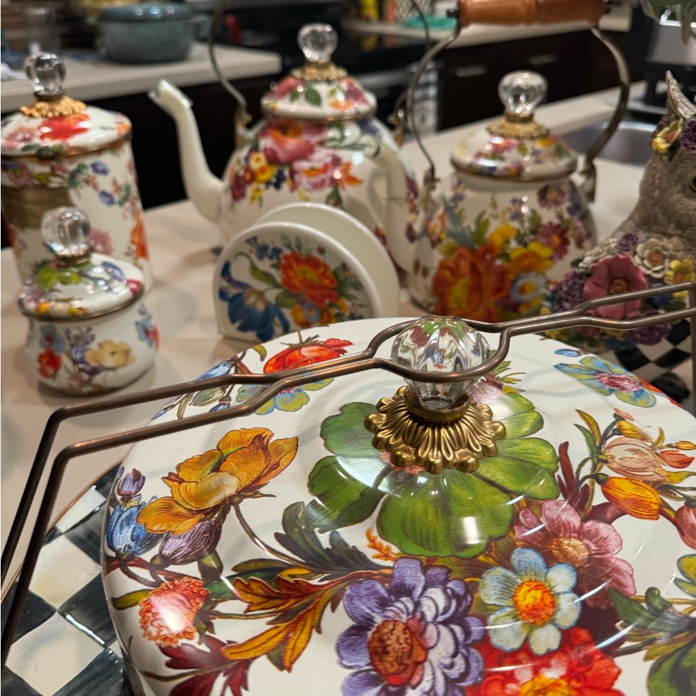 MacKenzie-Childs White and Red Kitchen Tools with Floral Patterns
